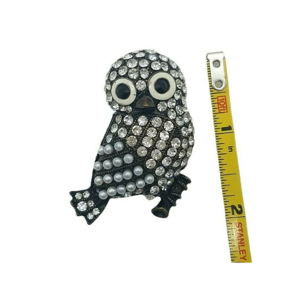 Owl Large Statement Brooch Pin Clear Rhinestones Faux Pearls Bronze Tone Metal - Picture 4 of 5